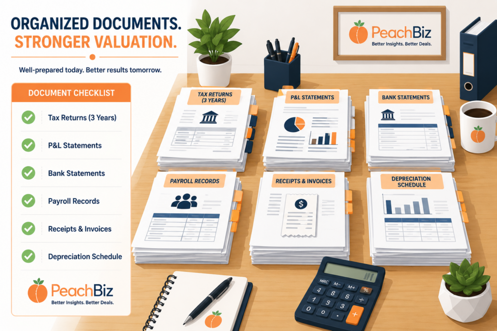Flat-design illustration of a desk with neatly organized, labeled stacks of financial documents — tax returns for three years, P&L statements, bank statements, payroll records, receipts and invoices, and a depreciation schedule — beside a fully checked-off checklist, in peach-orange accents with navy text on a white background.