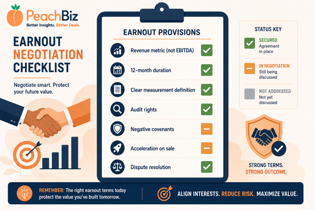 Flat-design illustration of a clipboard checklist of earnout negotiation points — revenue metric not EBITDA, 12-month duration, clear measurement definition, audit rights, negative covenants, acceleration on sale, and dispute resolution — with some items showing green checkmarks as secured and others amber as in negotiation, in a peach-orange and navy palette.
