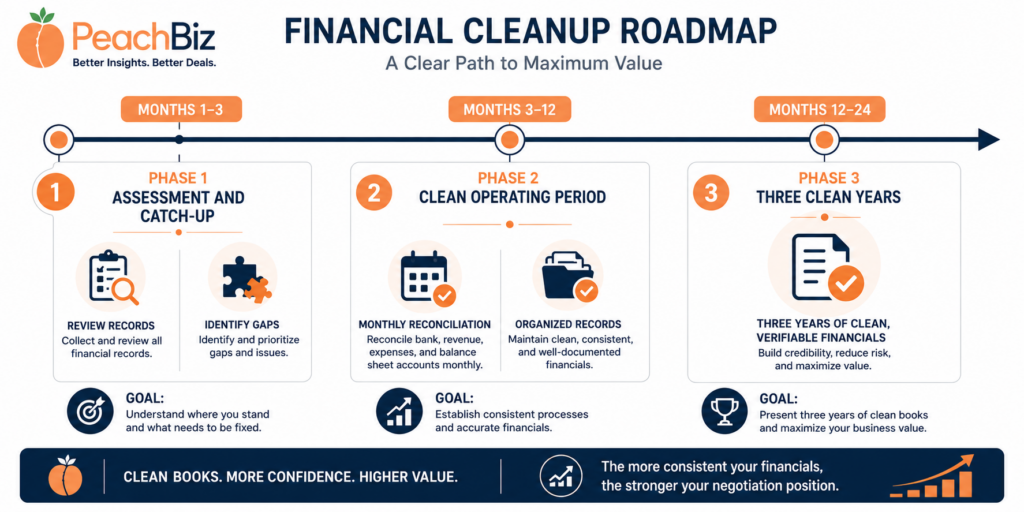 Flat-design horizontal timeline of the financial cleanup process in three phases — Phase 1 in months 1 to 3 for assessment and catch-up, Phase 2 in months 3 to 12 for a clean operating period with monthly reconciliation, and Phase 3 in months 12 to 24 reaching three clean years — with peach-orange milestone accents and navy text on a white background.