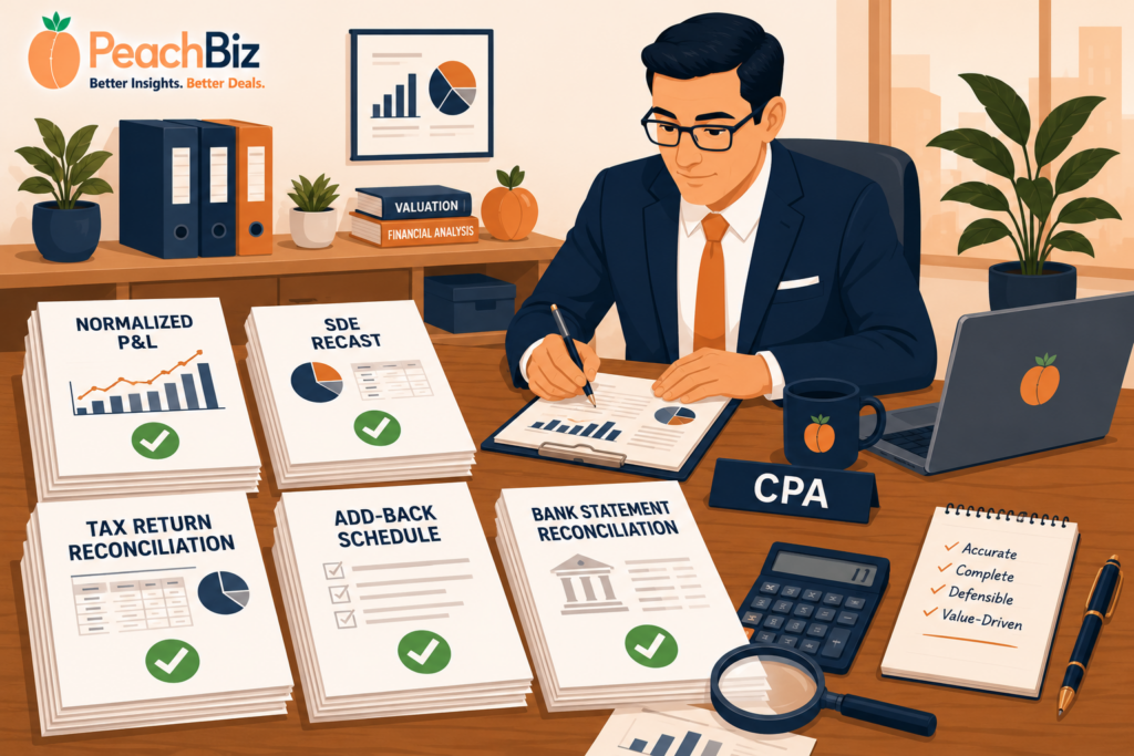 Flat-design illustration of a CPA at a desk with organized, labeled stacks of financial documents — normalized P&L, SDE recast, tax return reconciliation, add-back schedule, and bank statement reconciliation — each with a green checkmark, alongside a magnifying glass and calculator, in a peach-orange and navy palette.