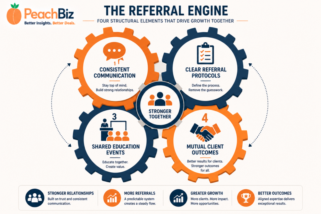 Flat-design infographic showing four structural elements of a referral engine as interconnected gears or building blocks — consistent communication with a speech bubble icon, clear referral protocols with a checklist icon, shared education events with a podium icon, and mutual client outcomes with a handshake icon — in a peach-orange and navy palette.