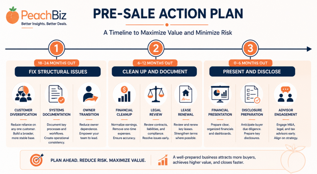 Flat-design horizontal timeline showing a three-phase pre-sale action plan — Phase 1 at 18 to 24 months out for fixing structural issues with icons for customer diversification, systems documentation, and owner transition; Phase 2 at 6 to 12 months out for cleaning up and documenting with icons for financials, legal review, and lease renewal; and Phase 3 at 0 to 6 months out for presenting and disclosing with icons for financial presentation, disclosure preparation, and advisor engagement — in a peach-orange and navy palette.
