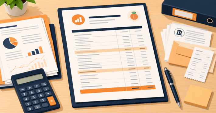 Wide-format flat-design illustration of a Seller's Discretionary Earnings Statement on a desk with rows of unreadable financial line items, supporting tax returns, bank statements, and receipts stacked beside it, plus a calculator and pen, in a warm peach-orange and dark navy palette.