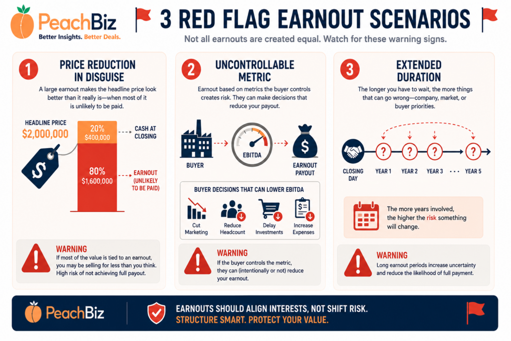 Flat-design infographic showing three red flag earnout scenarios in separate panels with red warning icons — a price reduction in disguise where a large earnout portion is unlikely to be paid, an uncontrollable metric where an EBITDA earnout is affected by buyer expense decisions, and an extended duration shown as a long timeline with many question marks — each with a red warning indicator, in a peach-orange and navy palette.
