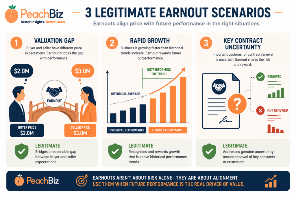 Flat-design infographic showing three legitimate earnout scenarios in separate panels — a valuation gap bridging different buyer and seller price expectations, rapid growth where recent performance exceeds the historical average, and key contract uncertainty about renewal — each with a green legitimate indicator, in a peach-orange and navy palette.
