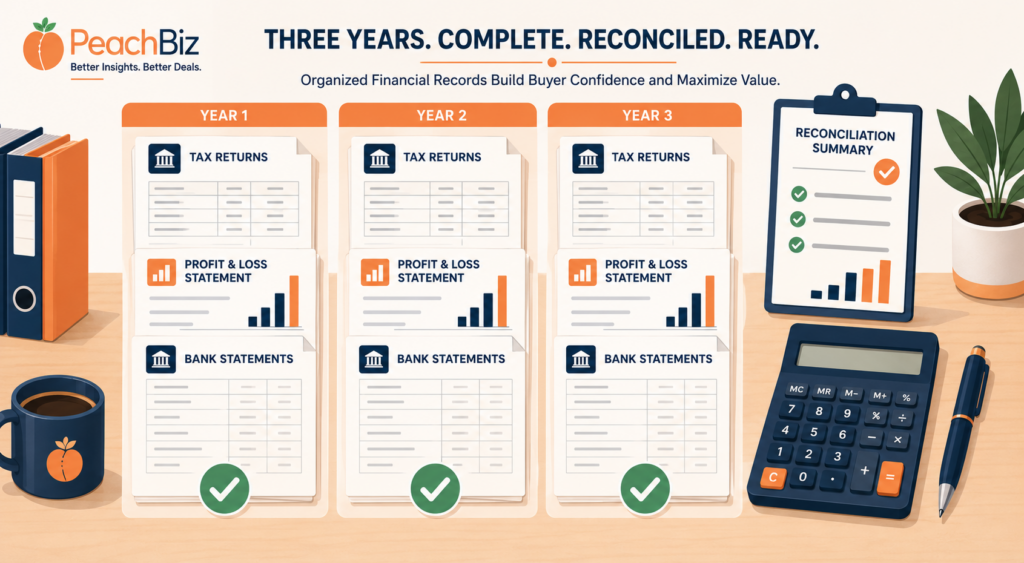 Flat-design illustration showing three years of financial documents side by side — tax returns, profit and loss statements, and bank statements for Year 1, Year 2, and Year 3 — each set marked with a green checkmark, alongside a calculator and a reconciliation document, in a peach-orange and navy palette.