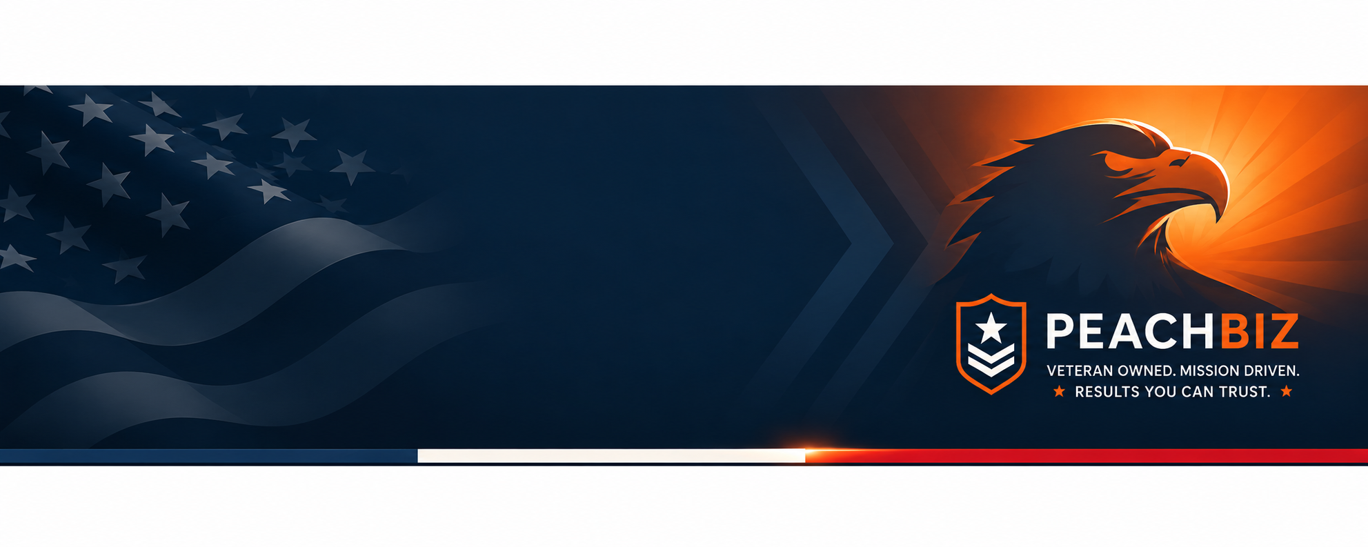 PeachBiz veteran-owned banner featuring an American flag motif, eagle graphic, and shield emblem with the tagline "Veteran-Owned. Mission-Driven.