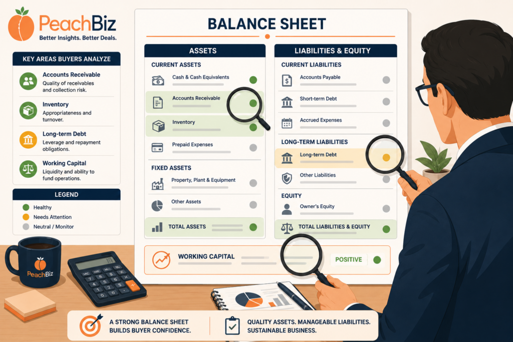 Flat-design illustration of a balance sheet with assets on the left and liabilities and equity on the right, and a buyer figure using a magnifying glass to examine accounts receivable, inventory, long-term debt, and working capital — some items highlighted green for healthy and one amber for needs attention — in a peach-orange and navy palette.