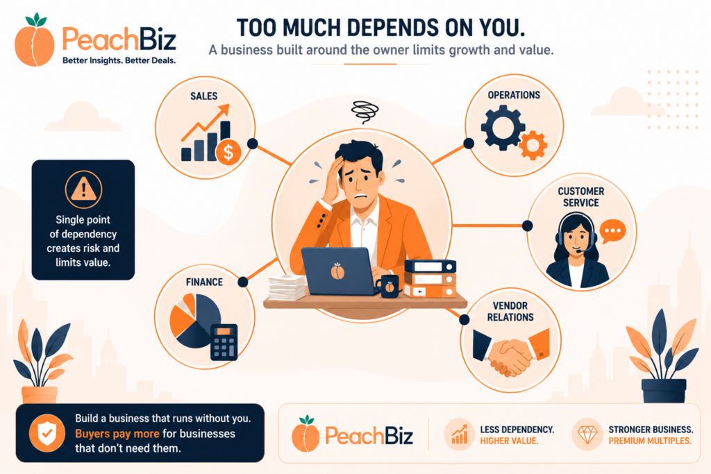 Wide-format flat-design illustration of a slightly overwhelmed business owner at the center of a hub-and-spoke diagram, with sales, operations, customer service, finance, and vendor relations all connecting only through them and no direct links between the functions, in a warm peach-orange and dark navy palette.