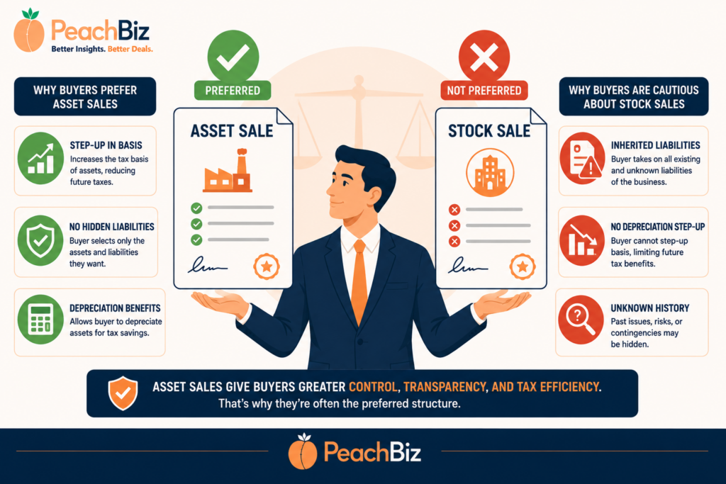 Flat-design illustration of a buyer with a preferred checkmark over an asset sale document and a not-preferred X over a stock sale document, with asset sale benefits — step-up in basis, no hidden liabilities, and depreciation benefits — and stock sale concerns — inherited liabilities, no depreciation step-up, and unknown history — in a peach-orange and navy palette.