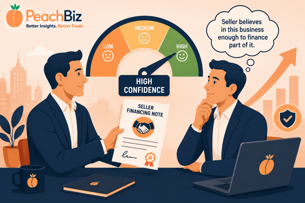 Flat-design illustration of a seller and buyer with a seller financing note between them, a thought bubble above the buyer reading that the seller believes in the business enough to finance part of it, and a confidence meter pointing toward high confidence in the background, in a peach-orange and navy palette.