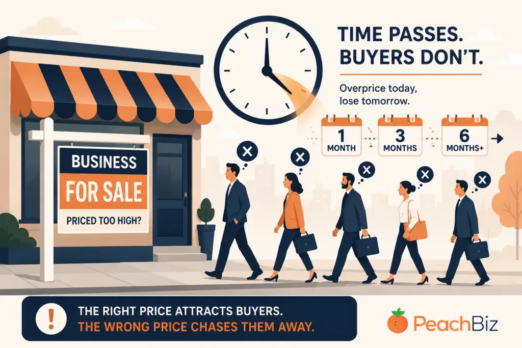 Flat-design illustration of a storefront with a "For Sale" sign and a clock showing months passing, while potential buyers walk past without stopping, conveying a business sitting on the market too long due to overpricing.