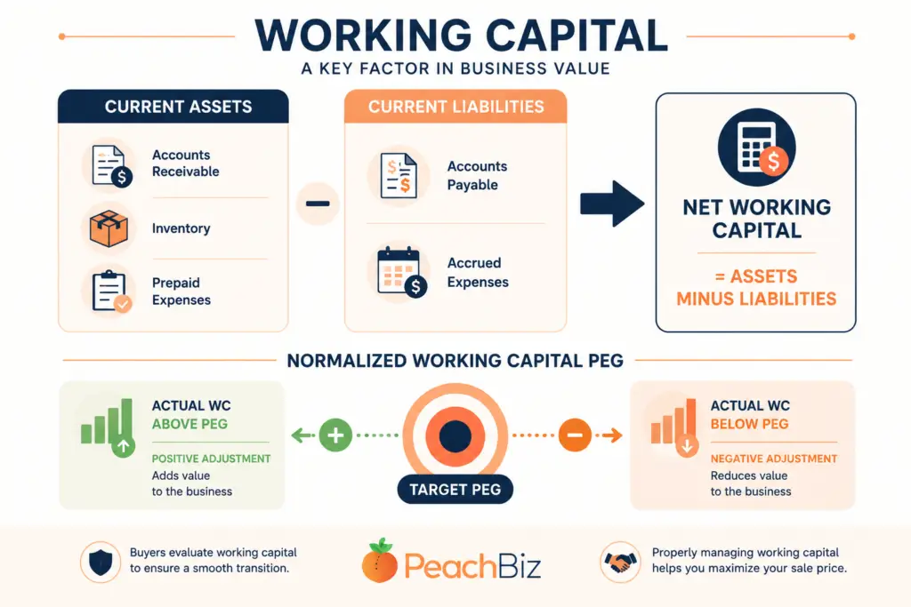 Flat-design infographic showing current assets (accounts receivable, inventory, prepaid expenses) minus current liabilities (accounts payable, accrued expenses) equals net working capital, with a normalized working capital peg and positive and negative adjustments, in a peach-orange and navy palette.