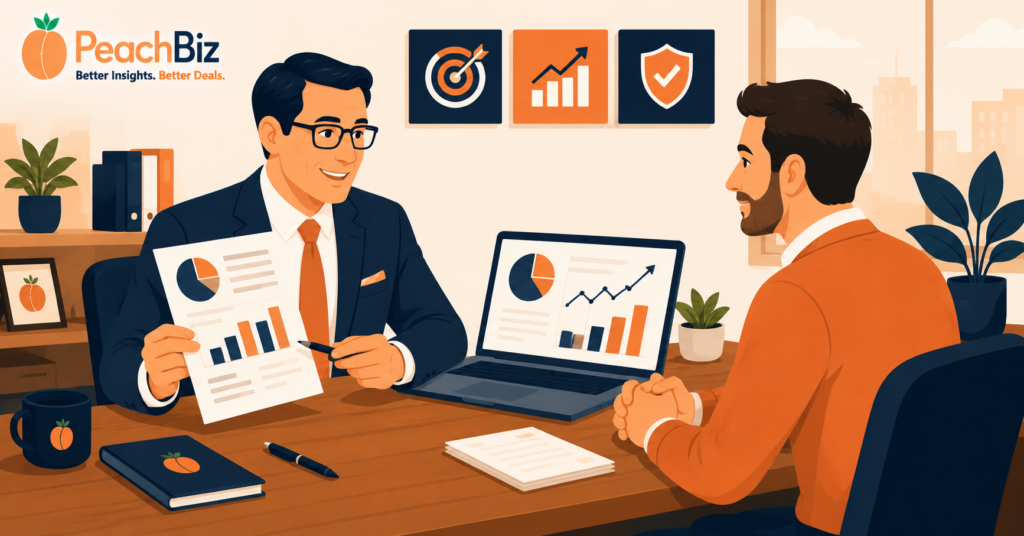 Wide-format flat-design illustration of a CPA advisor seated across a desk from a business owner, holding an Exit Planning document with financial charts, an open laptop with graphs between them, both figures engaged and collaborative, in a warm peach-orange and dark navy palette.