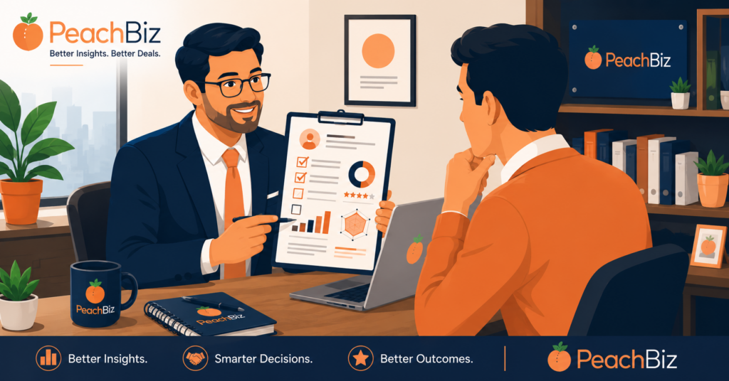 Wide-format flat-design illustration of a professional advisor seated across a desk from a business owner, holding a clipboard with a structured assessment document showing checkboxes, charts, and scoring indicators, with an open laptop between them, in a warm peach-orange and dark navy palette.